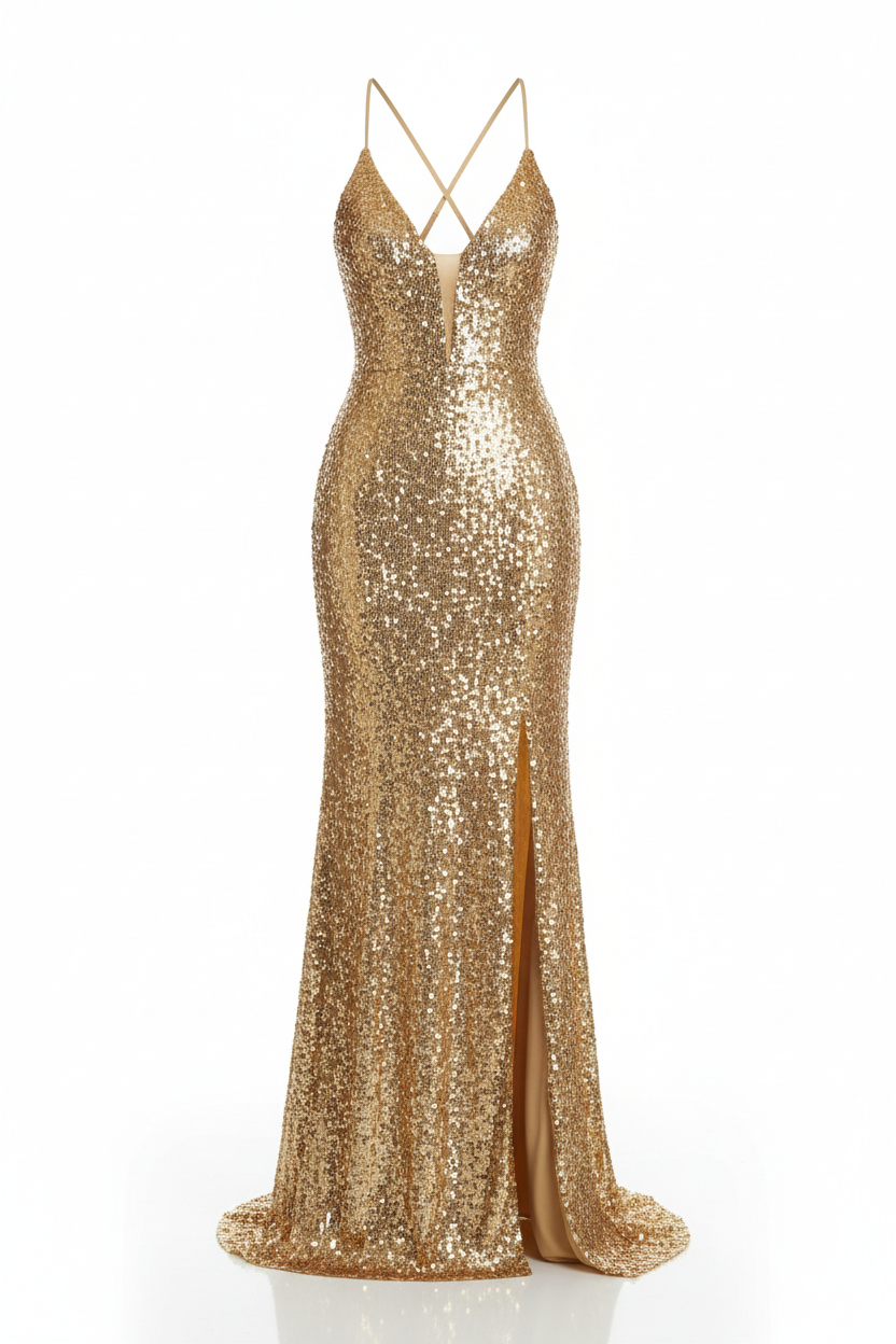 Aurora Gold Sequin Plunge Gown with High Slit